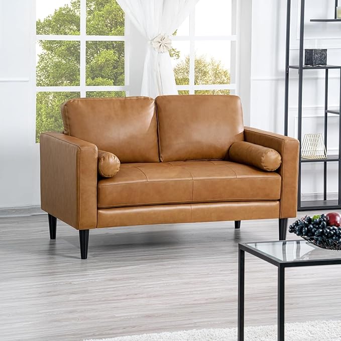 Naomi Home Genuine Leather Loveseat - Revel in Exquisite Leather Opulence - Unparalleled Luxury Mid Century Loveseat Embodiment of Cozy Lounging and Contemporary Design Tan
