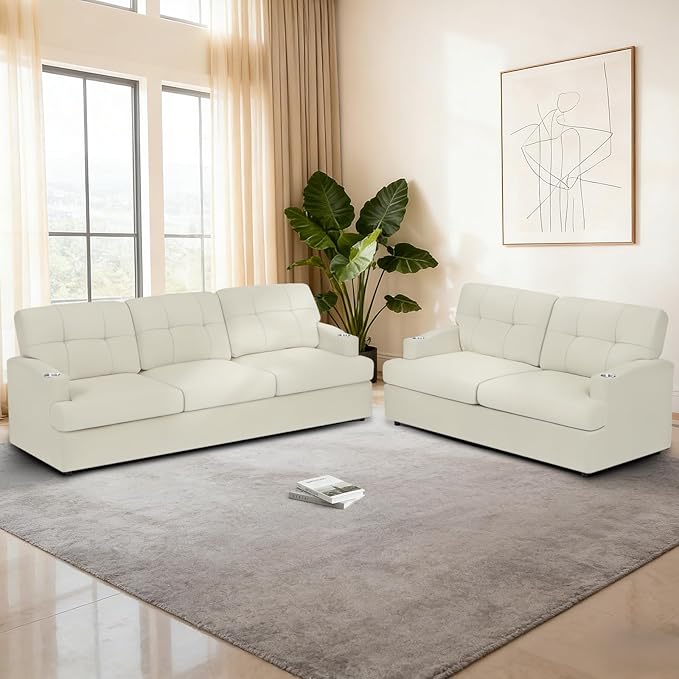 Chenille Modern Sofa Set with Cup Holder Tufted Upholstered Couch and Lovesaet with Thickened Cushions Comfy 3 Seater and 2 Seater Sofa with Deeper Seat for Living Room ApartmentBeige