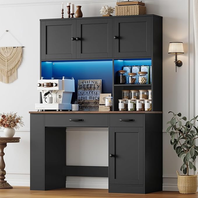 Keyluv 71 Tall Computer Desk with Hutch Cabinet Home Office Desk with Storage Drawers Shelves and Side Rack Wood Executive Desk with Doors Outlet Station and Smart LED Lights Black