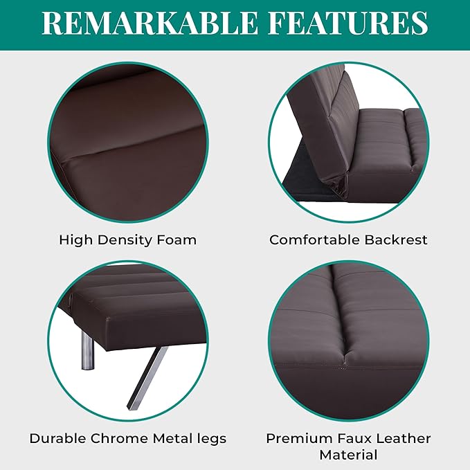 Naomi Home Futon Sofa Bed Faux Leather Futon Couch Modern Convertible Folding Sofa Bed Couch with Chrome Legs Reclining Mini Leather Small for Bedroom Living Room Espresso