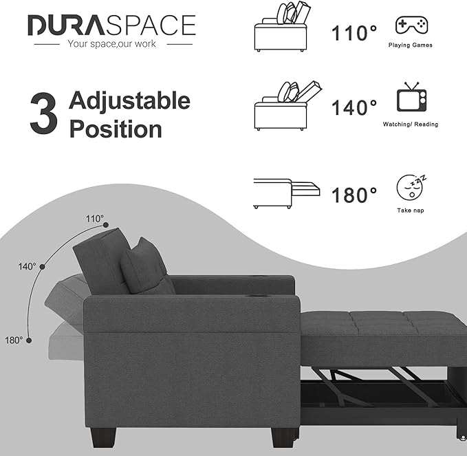 DURASPACE 36.6 Inch Sleeper Chair 3-in-1 Convertible Chair Bed Pull Out Sleeper Beds Adjustable Single Armchair Sofa with USB Ports Side Pocket Cup Holder (Dark Gray Linen)