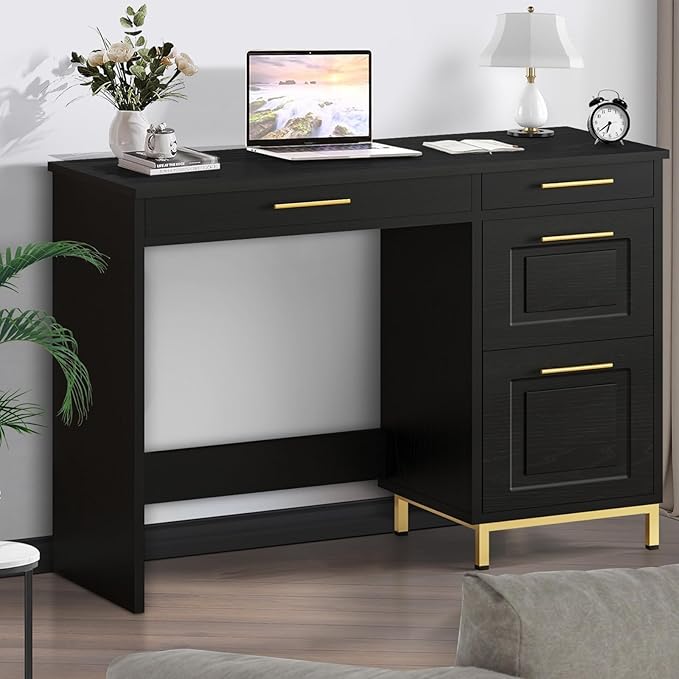 4 EVER WINNER Black Desk with Drawers Modern Home Office Desks with Golden Handles and Drawers Computer Table for Small Spaces Black and Gold Desk