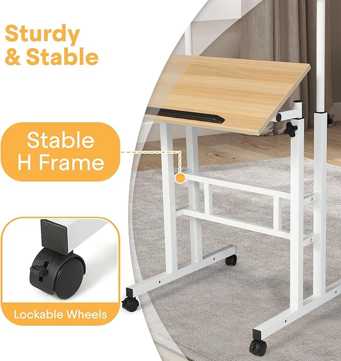 Small Standing Desk Adjustable Height and Angle Computer Laptop Desk Home Office Sit Standup Desk Portable Rolling Desk with Wheels 2 Platforms Natural