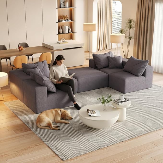 KEIKI 132 Boneless Sofa with Ottoman L Shaped Corner Couch Upholstered Corduroy Free Combination Sectional Couch for Living Room Bedroom Gray