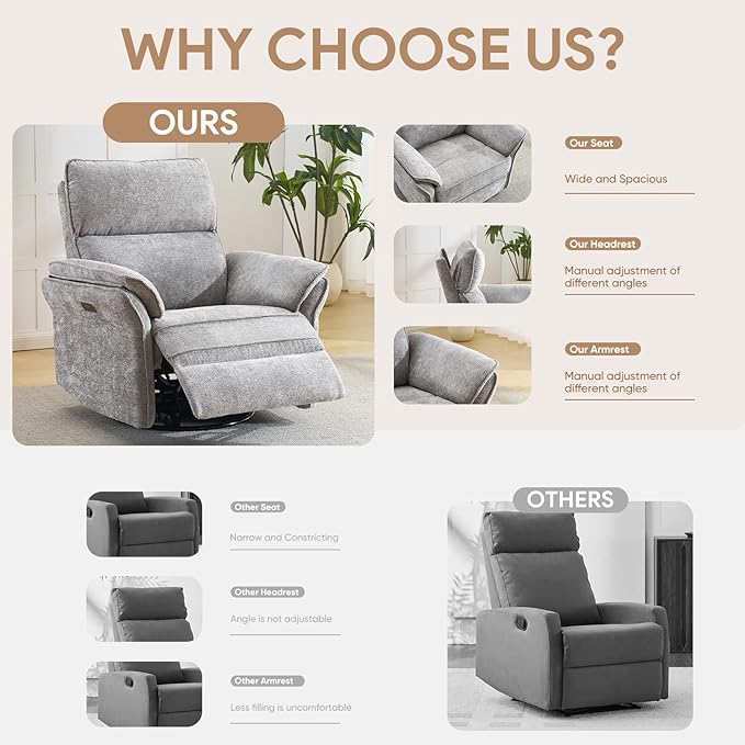 Oversized Power Recliner Chairs for Adults with Massage and Heat Power Swivel Rocker Recliner Chair with Adjustable Headrest 26 Extra Wide Rocker Nursery Recliner with USB Port Light Grey