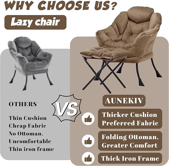 Lazy Chair with Ottoman Comfy Accent Lounge Chair with Side Pocket Modern Reading Armchair with Footrest Upholstered Sofa Chair for Small Spaces Bedroom Living Room Dorm Brown
