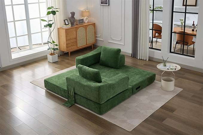 LUMISOL 70 Folding Pull Out Sofa Bed Convertible Futon Sofa Bed with Removable Armrests &amp Side Pockets Portable Foldable Floor Sleeper Sofa Couch with 2 Pillows for Living Room Green