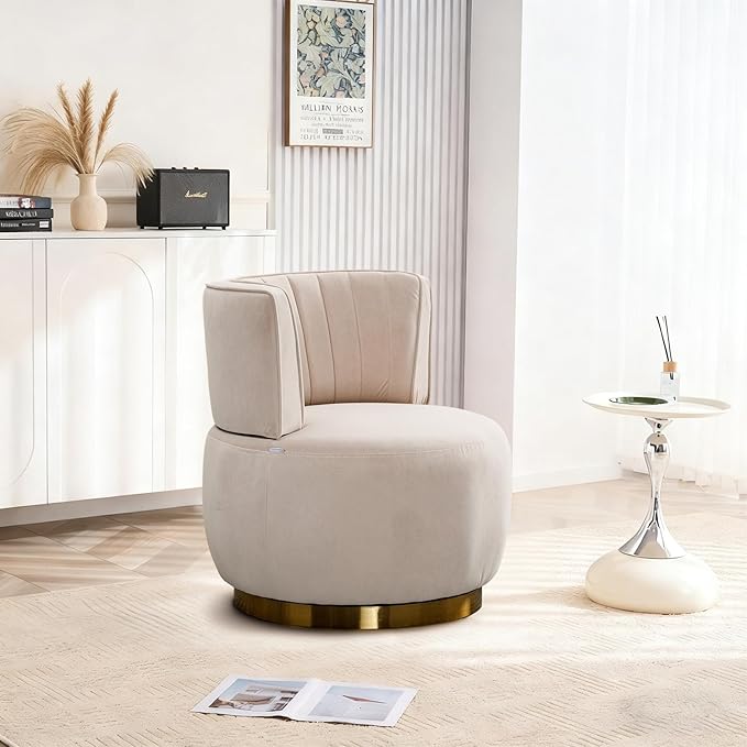 360 Degree Swivel Accent Chair Comfy Round Swivel Barrel Chair with Mental Base Upholstered Cozy Reading Armchairs Modern Lounge Sofa Chairs for Living Room Bedroom Club Office(Velvet Beige)