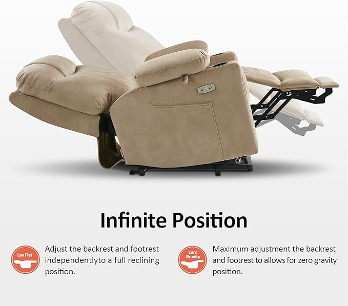 MCombo Small Size Triple Motor Power Lift Recliner Chair Sofa with Massage and Dual Heating Adjustable Headrest for Elderly People Petite USB Ports Extended Footrest Fabric 7222 (Beige)