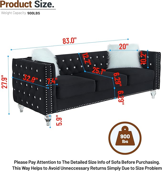 Luxury 3 Seater Sofa Couch with Acrylic Crystal LegsChesterfield 3-Seater SofasModern 83 Diamond Button Tufted 3 Seat Couches with Silver Nailhead Trim for Living Room (Black 3 Seater)
