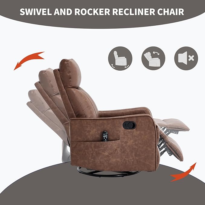 Light Brown 360° Swivel Rocker Recliner Chair Massage Reclining Chair with 8-Point Vibration &amp Lumbar Heat for Adults Elderly 155° Recline Easy Assembly for Living Room