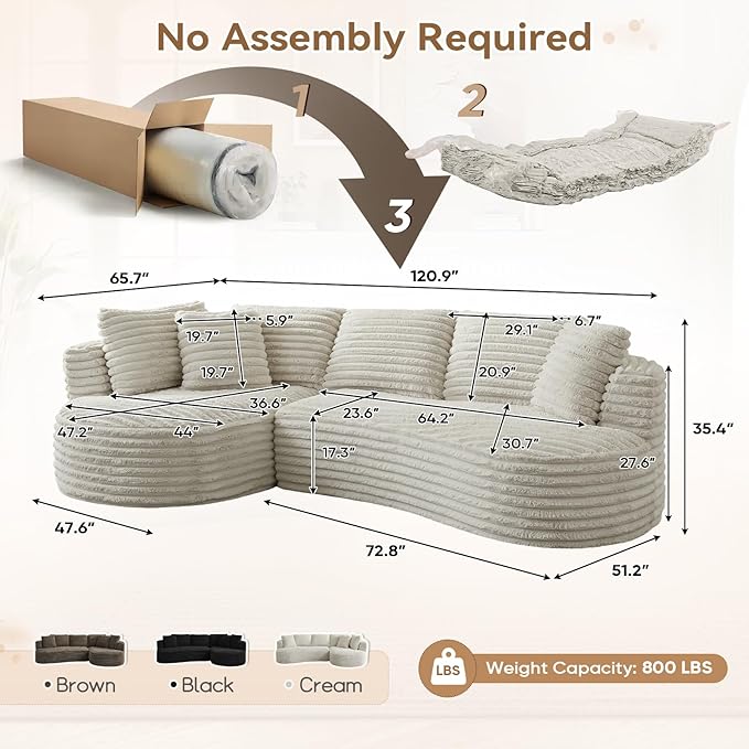 120W Oversized Modern Curved Cloud CouchCorduroy Modular Sectional Sofa with Chaise L Shaped Boneless Couch Compression Foam Sofa for Living Room Bedroom No Assembly Required(Left Facing Cream)