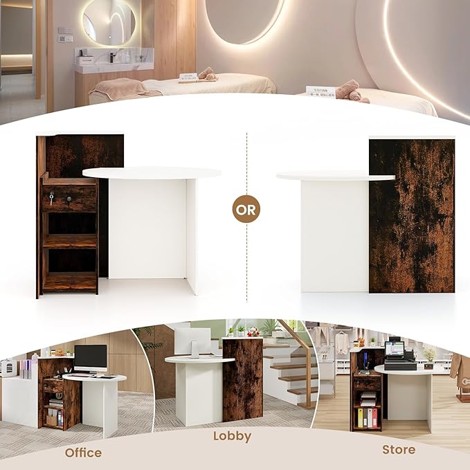 Reception Desk Small Retail Checkout Counter with Lockable Drawer and Open Shelves Wooden Front Desk Reception Counter Oval Desktop &amp L Counter for Store Office Lobby Salon (White &amp Brown)