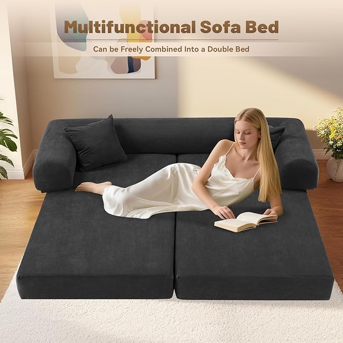 Convertible Futon Sofa Bed80 Folding Pull Out Couch Bed with Pillows &amp StorageQueen Sleeper Sofa BedCompressed Couch in a BoxCorduroy Boneless Couches for Living RoomDeep Gray