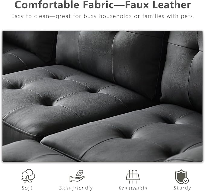 Wimarsbon 106” U-Shaped Couch with Double Chaise Modern Upholstered 4-Seat Sectional Sofa Set for Living Room Bedroom Apartment Easy to Assemble (Black-Faux Leather)