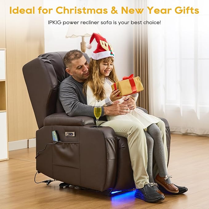 IPKIG Power Recliner Chair with Massage and Heat Electric Recliner for Living Room Home Theater Bedroom with LED Lights USB Charger Cup Holders Side Pockets &amp Lumbar Pillow (1 Brown)