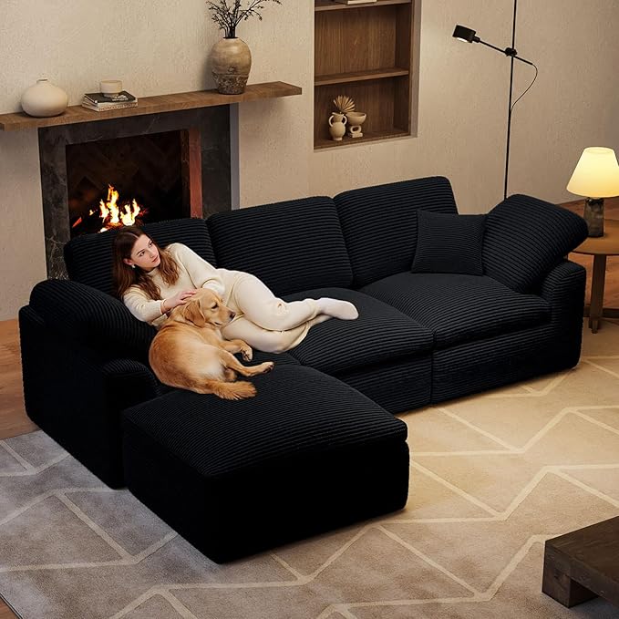 Cloud Sectional Couches for Living Room L Shaped Modular Sectional Sofa with Ottoman Convertible Corduroy Couch for Apartment 4 Seater Boneless Comfy Cloud Sofa No-Assembly Black