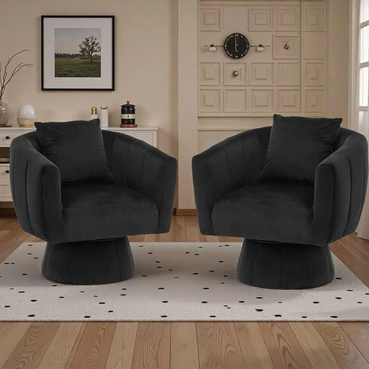 Karl home Swivel Accent Chair Set of 2 Comfy 360° Swivel Barrel Chair Modern Velvet Fabric Living Room Chair with Fluffy CushionsUpholstered Armchair for Living Room/Bedroom/Lounge Black
