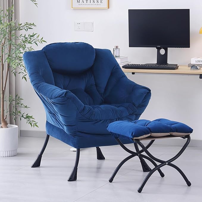 Lazy Chair with Ottoman Modern Accent Chair Sofa Chair with Armrests Reading Chair and Folding Footstool for Living Room Bedroom Office Royal Blue