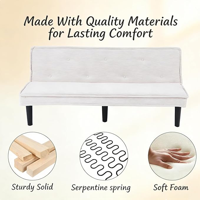 66” Armless Corduroy Sofa Bed 2-in-1 Convertible Sleeper Sofa with Tufted Back Soft Skin-Friendly Fabric Small Futon for Apartments Living Room Bedroom (White)