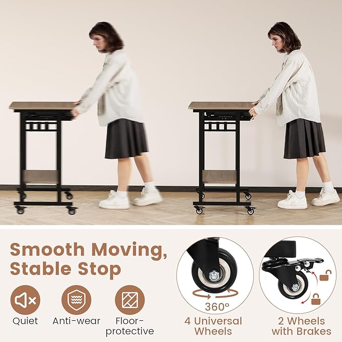 LDAILY Moccha Rolling Computer Desk Mobile Computer Desk with Keyboard Tray Portable Laptop PC Desk Open PC Stand 3 Earphone Hooks Wooden Computer Cart for Office Home (Grey Oak)