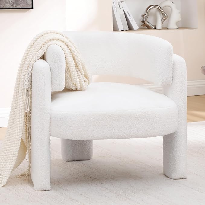 Accent Chairs Set of 2 Modern Sherpa Barrel Chairs Upholstered Living Room Chairs with 3 Legs Comfy Armchair Reading Side Chair for Bedroom Office Apartment White