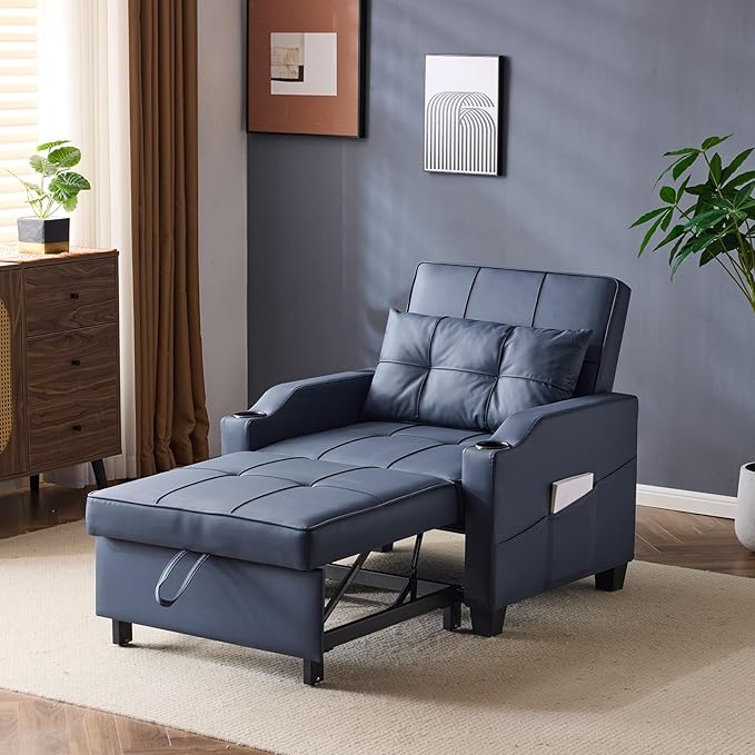 VINGLI Blue Sleeper Chair Bed 3-in-1 Convertible Futon Sofa Bed Pull Out Couch Bed Adjustable Recliner Chair with USB Ports Cup Holders Side Pockets for Living Room Bedroom Small Spaces