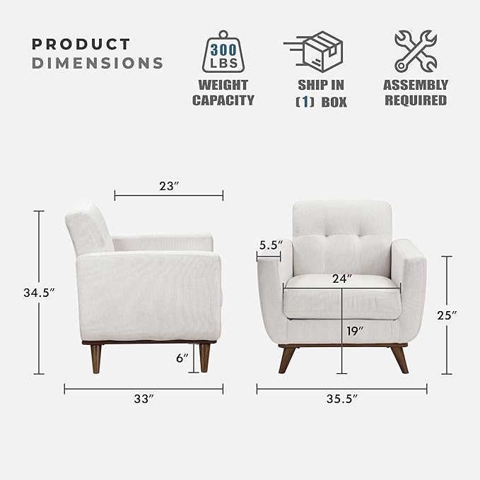 Lexicon Modern Accent Chair Textured Fabric Upholstered Armchair with Brown Wood Legs Track Arms Tufted Chair Back for Living Room/Office/Waiting Room Beige