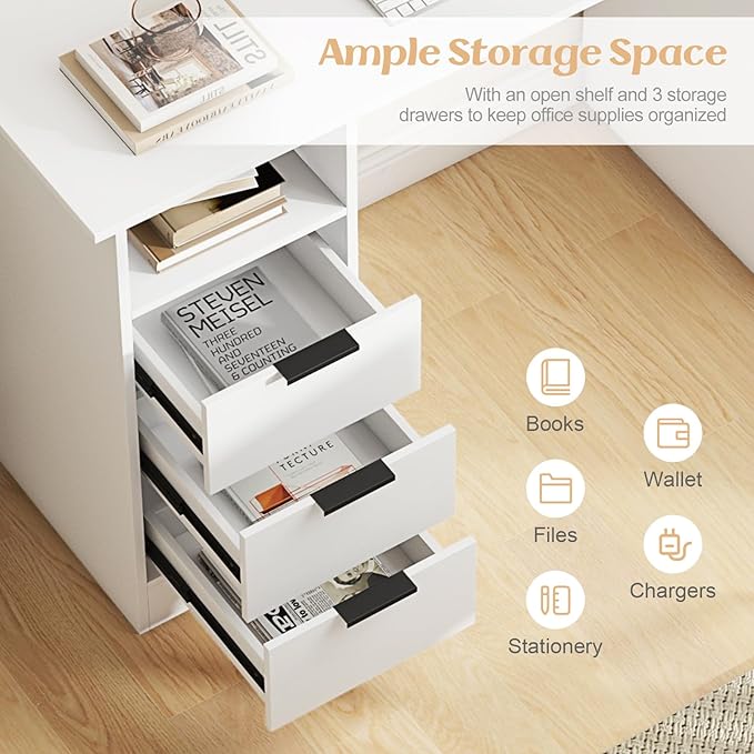 Giantex White Desk with Drawers Modern Computer Desk with Charging Station PC Laptop Table Computer Workstation with Storage Makeup Vanity Table Writing Desk for Bedroom