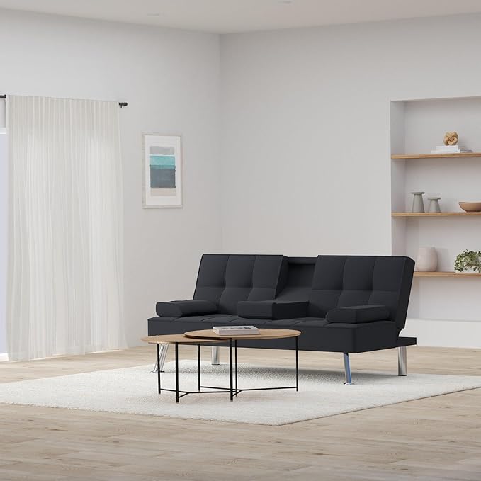 Best Choice Products Linen Modern Folding Futon Reclining Sofa Bed for Apartment Dorm w/Removable Armrests 2 Cupholders - Black