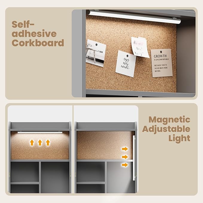 Wall Mounted Foldable Desk with LED and Corkboard Space-Saving Fold Out Convertible Writing Table with Shelves &amp Magnetic Blackboard Floating Murphy Desk Workstation for Home Office Dorm (Gray)
