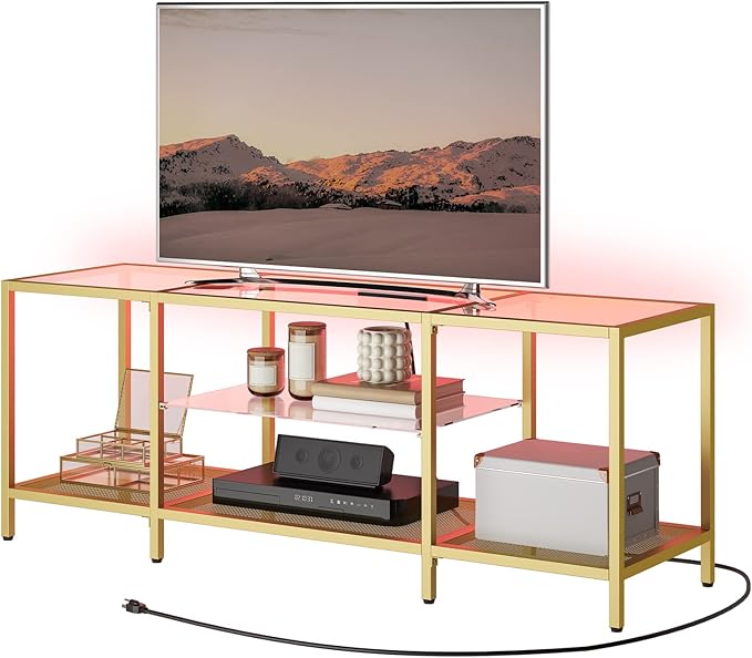 HOOBRO TV Stand with LED Lights and Power Outlets for TVs up to 65 Modern 55 Inch Tempered Glass TV Console Table with Open Shelves Media Entertainment Center for Living Room Gold GD145UDS01
