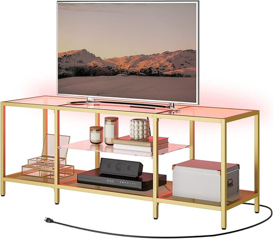 HOOBRO TV Stand with LED Lights and Power Outlets for TVs up to 65 Modern 55 Inch Tempered Glass TV Console Table with Open Shelves Media Entertainment Center for Living Room Gold GD145UDS01