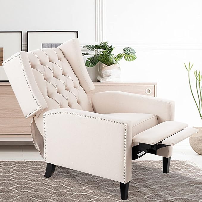 Fabric Recliner Chair Accent Living Room Chairs White Modern Mid-Century Recliner Button Tufted Club Chair Upholstered Reclining Reading Arm Chair 27 Wide