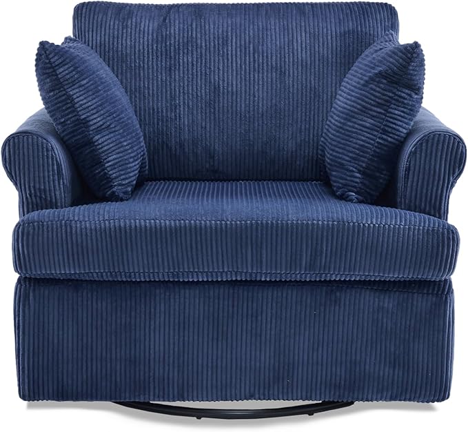 VINGL 39.2 Wide 360° Swivel Accent Armchair with 2 Pillows Oversized Single Sofa Chair and a Half with Side Pockets and Wide armrest for Living Room Bedroom Reading Room Corduroy Blue