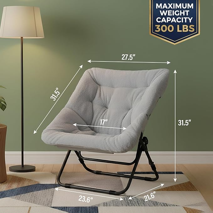 Tiita Comfy Saucer Chair Soft Faux Fur Oversized Folding Accent Chair Lazy Chair for Teens Adults Metal Frame Moon Chair for Bedroom Living Room Dorm Rooms X-Large Grey