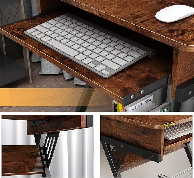 23.5 Inch Small Home Office Desk Study Writing TableMobile Computer Desk with Keyboard Tray Z-Shaped Compact Study TableSmall SpacesSturdy Study Writing Desk for Laptop (Brown)