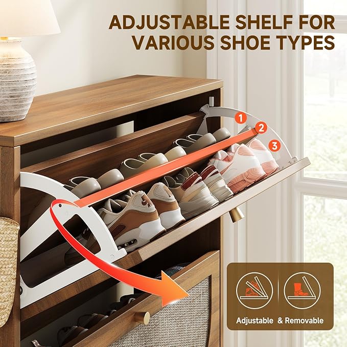 Nicetree Rattan Arched Accent Shoe Storage Cabinet - Freestanding Ultra Slim for Entryway 2 Flip Drawers &amp 3-Tier Adjustable Shelves Farmhouse Modern Rustic Shoe Rack for Hallway Foyer Living
