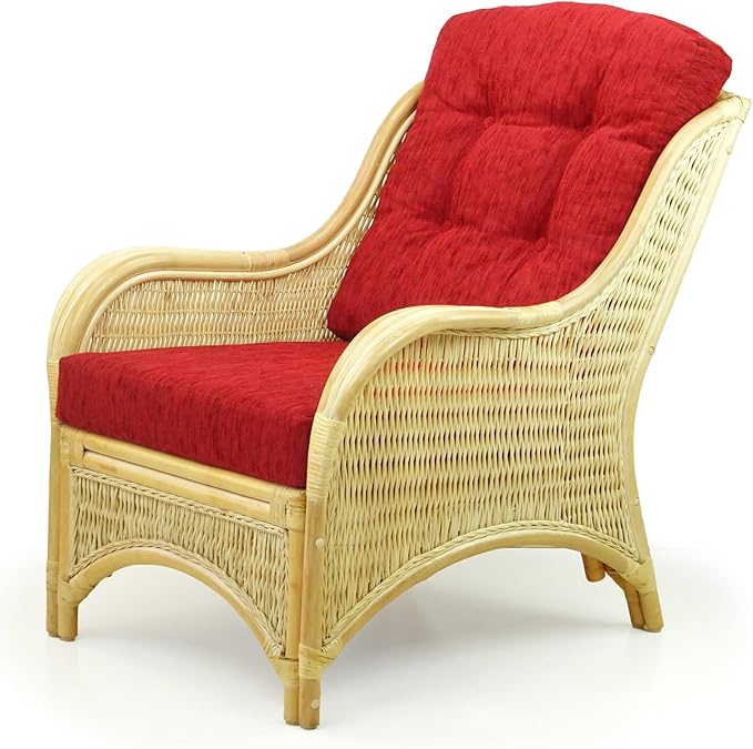 Wickerix Jam Lounge Living Accent Armchair Natural Color Natural Rattan Wicker Handmade Design with Red Cushion