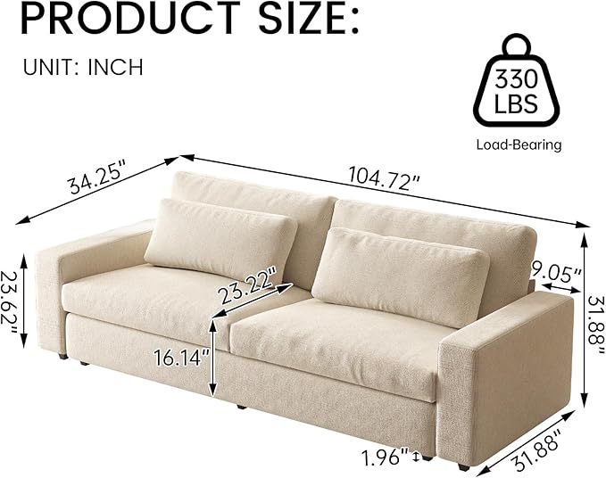 Extra Large Loveseat Sofa 104.72 Spacious 2 Seater Couch Comfy Deep Seat Sofa with 2 Pillows &amp Wide Armrests for Living Room &amp Bedroom