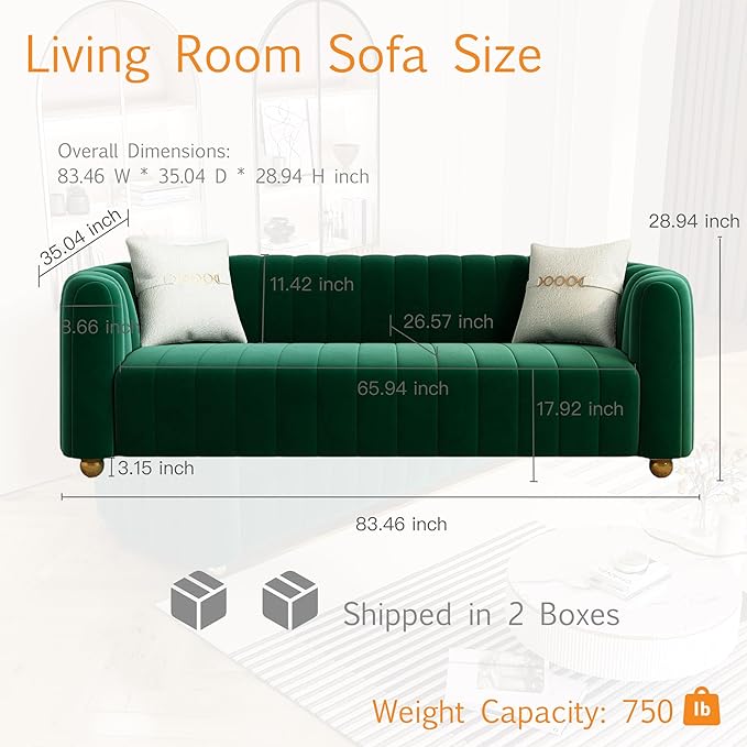 Modern Green Velvet Couch for Living Room 83.46 Curved Sofa with Gold Metal Sphere Legs 3 Seater Cute Couch (Velvet Green)