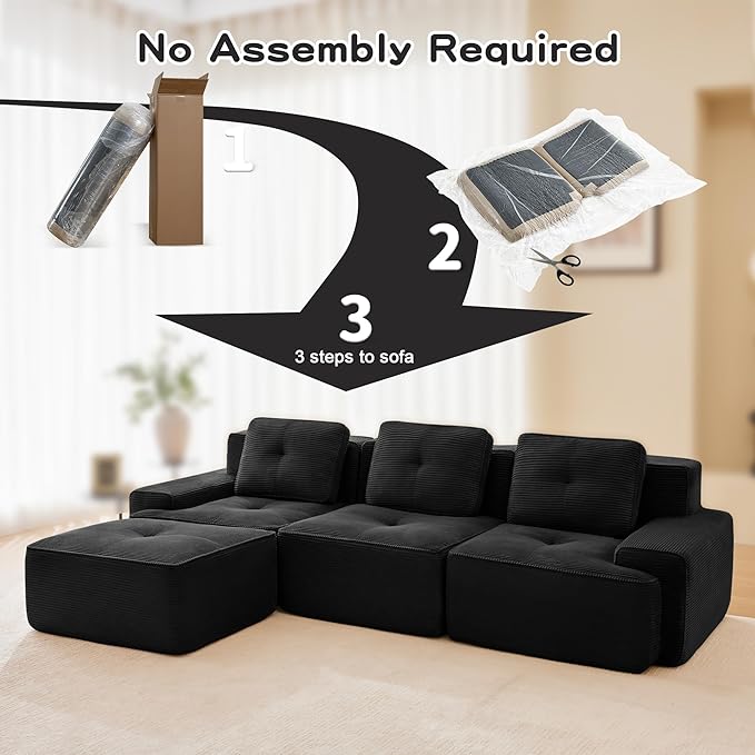 117.3 Modern L Shape Boneless Couch with Ottoman 3 Seater Corduroy Modular Sectional Sofa Comfy Cloud Sleeper Sofa with Deep Seat Upholstered Couches for Living Room Apartment Black
