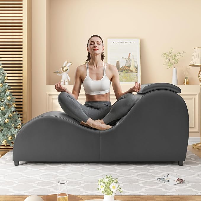 BALUS 60'' Yoga Chairs for Adults Stretching Exercising Relaxing Faux Leather &amp Wooden Sleek Yoga Sofa Chaise Lounge Chair with Adjustable Head Cushion for Living Room Apartment Office Dark Gr