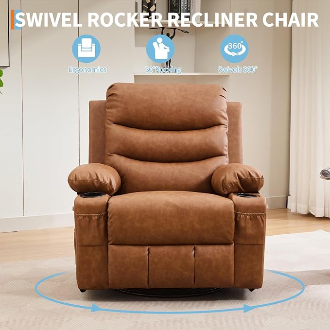 IDEALHOUSE Rocker Recliner Chair with Massage and Heat Swivel Reclining Sofa with Cup Holder Side Pockets Front Pockets Rocking Chair for Living Room Bedroom Nursery (Brown PU Leather)