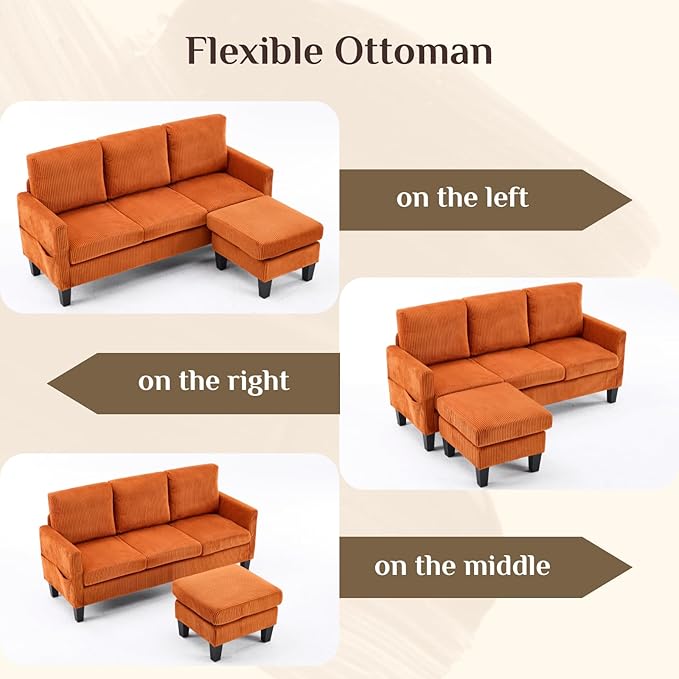 Karl home Small Sectional Couch L Shaped Sofa with Movable Storage Ottoman Corduroy Upholostered Sofa Chaise with Side Pockets for Living Room Apartment Studio Orange