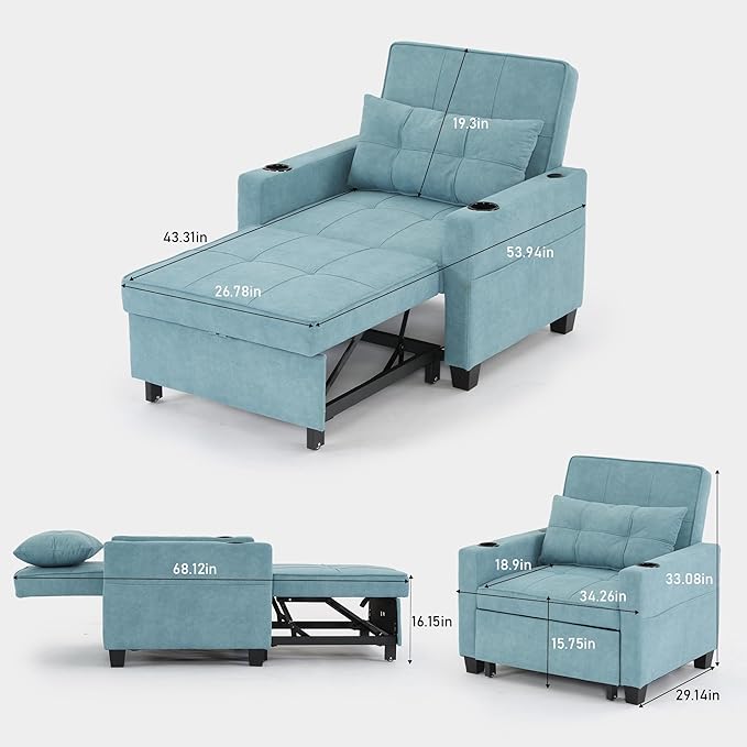 Modern Convertible Sleeper Sofa Bed 3-in-1 Adjustable Futon Couch with Storage &amp Removable Armrests for Apartment Studio Office Small Spaces (Blue)