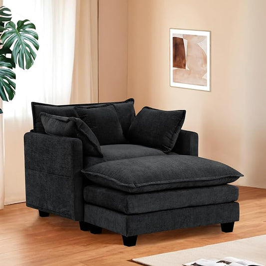 Furniliving Oversized Accent Chairs with Ottoman Luxury Chenille Single Sofa Couch Upholstered Deep Seat Chaise Lounge with Pillows for Living Room Bedroom Apartment Black