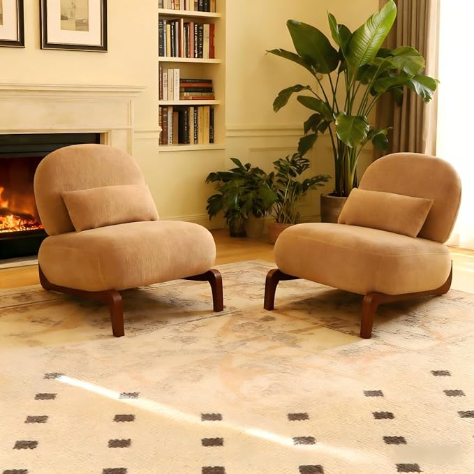 HAZO Cute Accent Chair with Solid Wood Legs Velvet Living Room Chair with Soft Cushion Cozy Bedroom Chair Comfy Armless Reading Chair for Apartment Waiting Room Balcony (Caramel-2pcs)
