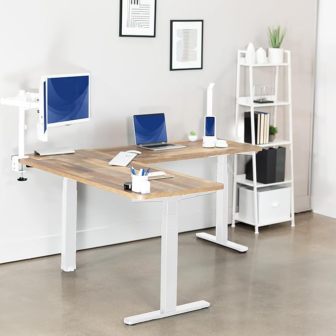 VIVO Electric Height Adjustable 67 x 60 inch Corner Stand Up Desk 2 Reclaimed Wood Solid Table Tops White Frame Memory Controller L-Shaped Workstation 3E Series DESK-KIT-3E6WP