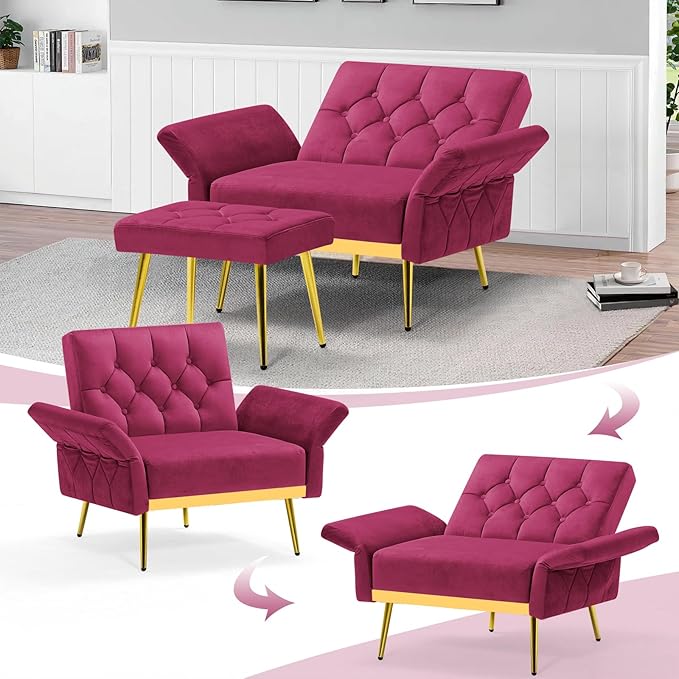Velvet Accent Chair w/Adjustable Armrests and Backrests Tufted Single Sofa with Ottoman Upholstered Reading Chiar for Living Room Apartment Bedroom Fuchsia